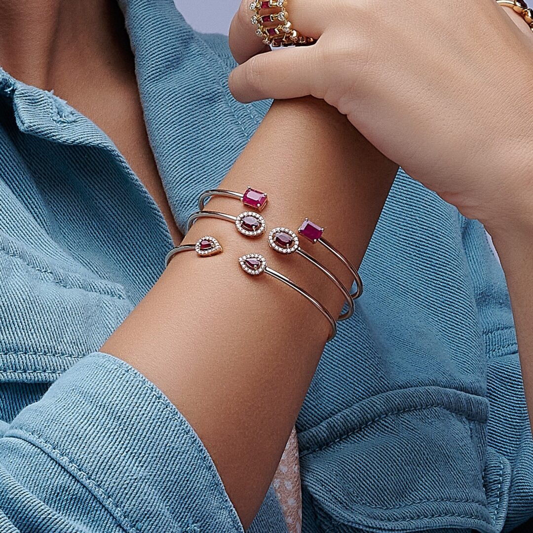 Oval Rubies Diamond Halo Cuff - Jewels By Galla